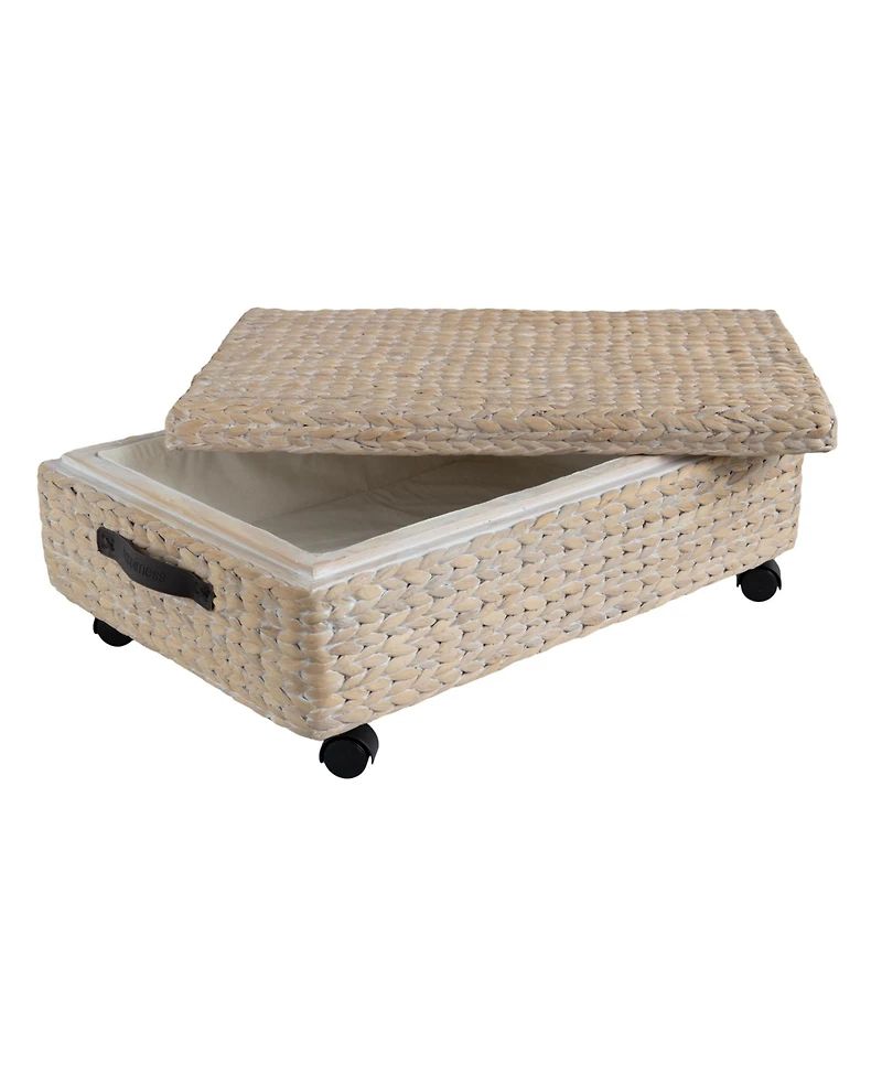 Happimess Chett 26.38" Minimalist Hand-Woven Hyacinth/Wood Underbed Storage Bin with Wheels and Handles