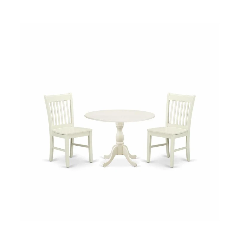 East West Furniture 3 Piece Dining Table Set Consists of 1 Drop Leaves Dining Room Table and 2 Linen White Mid Century Chair with Slatted Back