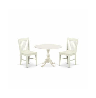 East West Furniture 3 Piece Dining Table Set Consists of 1 Drop Leaves Dining Room Table and 2 Linen White Mid Century Chair with Slatted Back