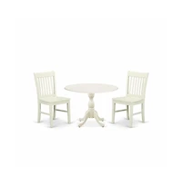 East West Furniture 3 Piece Dining Table Set Consists of 1 Drop Leaves Dining Room Table and 2 Linen White Mid Century Chair with Slatted Back