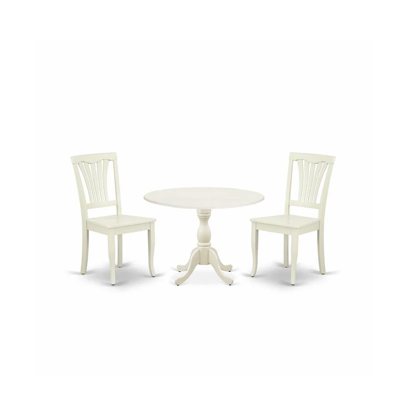 East West Furniture 3 Piece Modern Dining Table Set Contains 1 Drop Leaves Dining Table and 2 Linen White Dining Chairs with Slatted Back