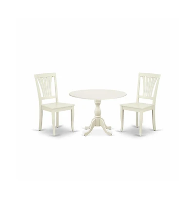 East West Furniture 3 Piece Modern Dining Table Set Contains 1 Drop Leaves Dining Table and 2 Linen White Dining Chairs with Slatted Back