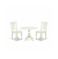 East West Furniture 3 Piece Modern Dining Table Set Contains 1 Drop Leaves Dining Table and 2 Linen White Dining Chairs with Slatted Back