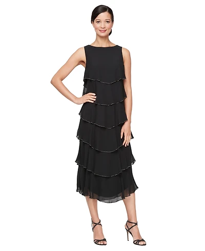 Sl Fashions Women's Boat Neckline Tiered Beads Midi Dress