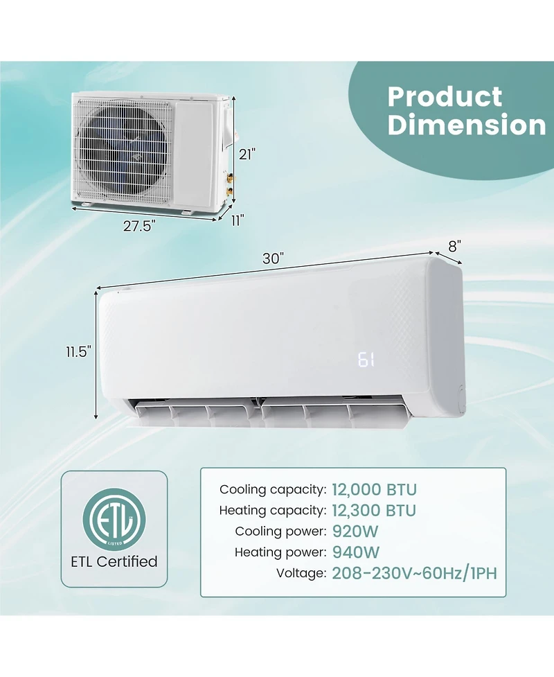 Gymax 12000 Btu Mini Split Air Conditioner 21 SEER2 Ac Unit w/ Heat Pump & Remote Control