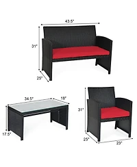 Gymax 4PCS Rattan Outdoor Conversation Set Patio Furniture Set w/ Red Cushions