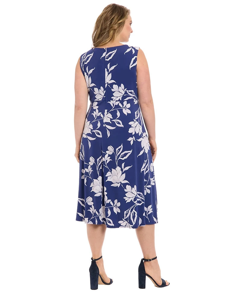 London Times Plus Printed Sleeveless Midi Dress