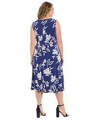London Times Plus Printed Sleeveless Midi Dress