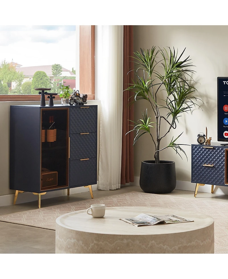 Casainc Deluxe Carved Style Cabinet with Tempered Glass Doors Three Drawer Metal Legs Adjustable Feet