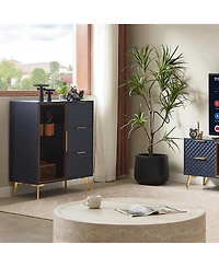 Casainc Deluxe Carved Style Cabinet with Tempered Glass Doors Three Drawer Metal Legs Adjustable Feet