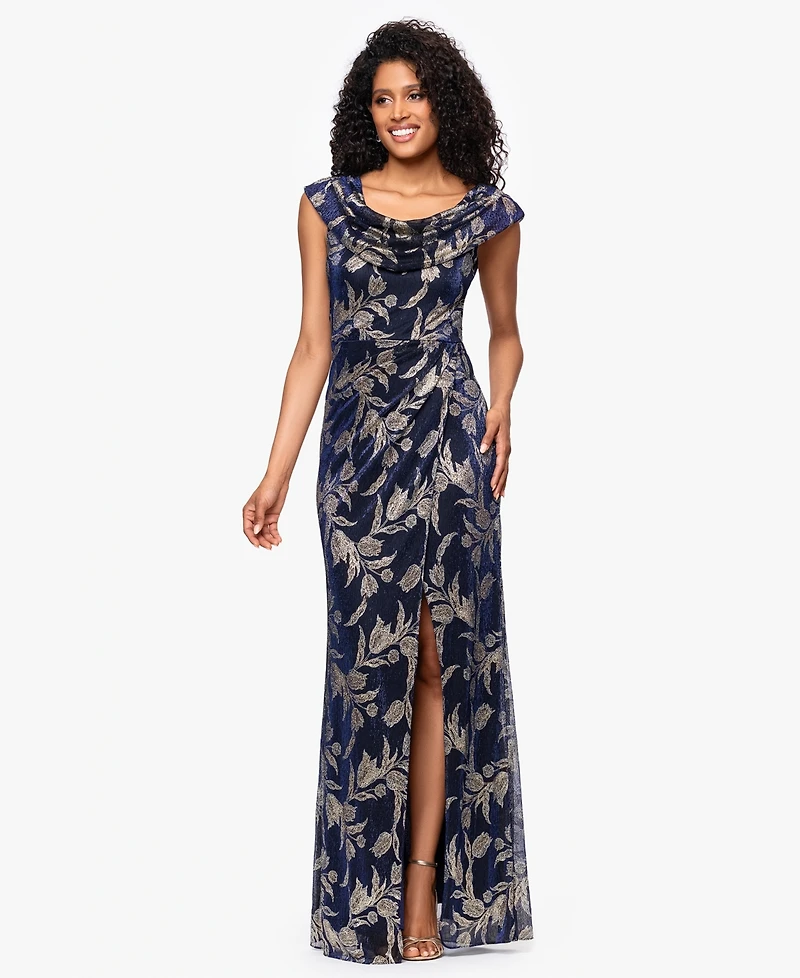 Betsy & Adam Women's Long Foil Crinkle Cowl Neck Dress