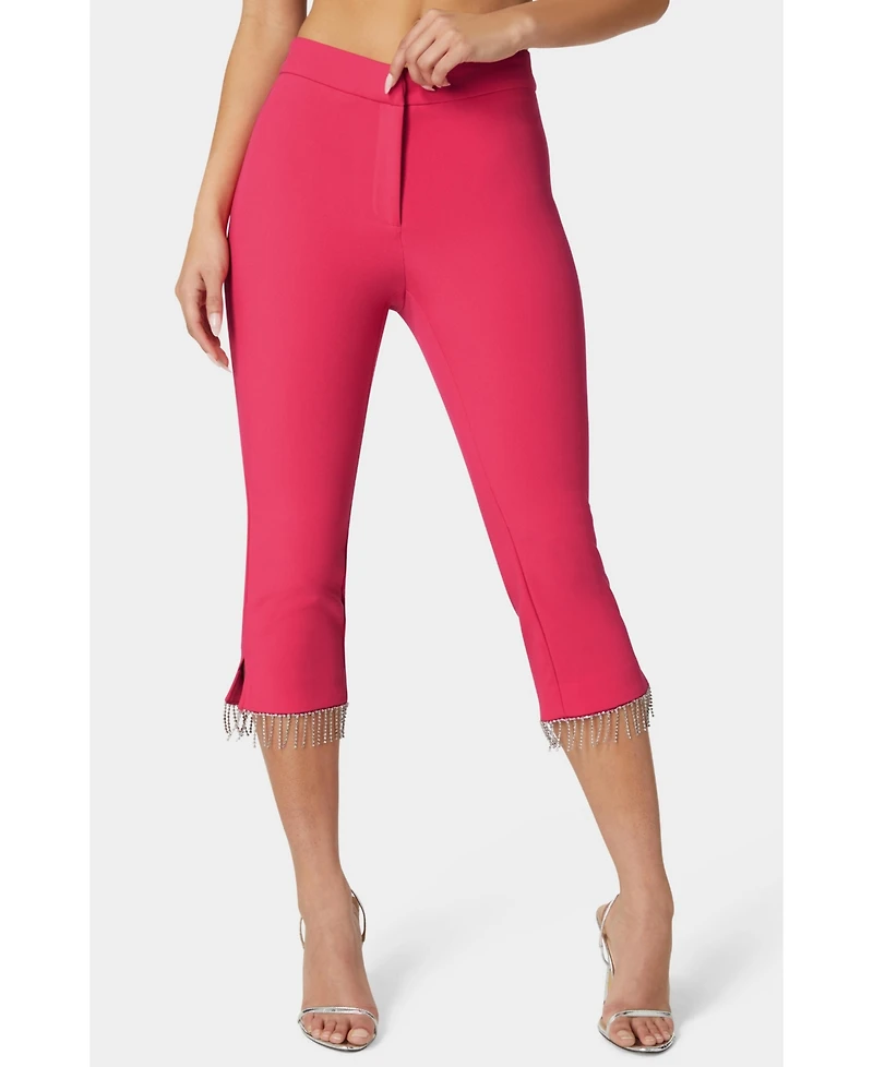 Bebe Mid Waist Rhinestone Fringe Capri