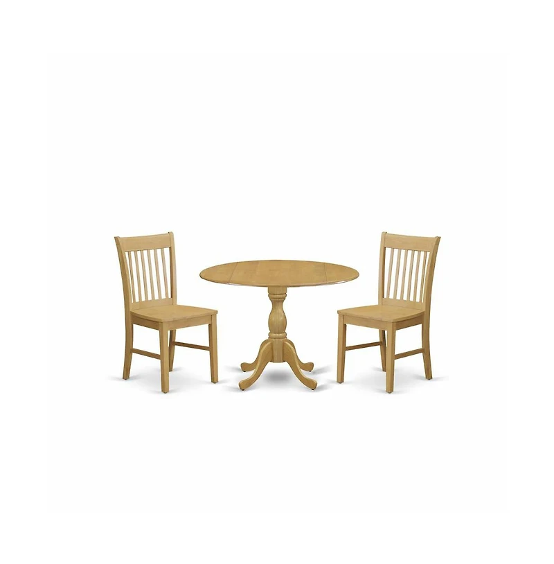 East West Furniture 3 Piece Kitchen Dining Table Set - Oak Wood Dining Room Table and 2 Oak Modern Kitchen Chairs with Slatted Back - Oak Finish