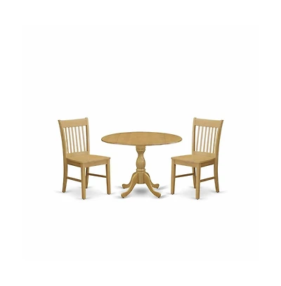 East West Furniture 3 Piece Kitchen Dining Table Set - Oak Wood Dining Room Table and 2 Oak Modern Kitchen Chairs with Slatted Back - Oak Finish
