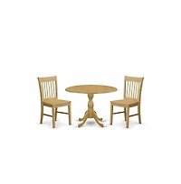 East West Furniture 3 Piece Kitchen Dining Table Set - Oak Wood Dining Room Table and 2 Oak Modern Kitchen Chairs with Slatted Back - Oak Finish