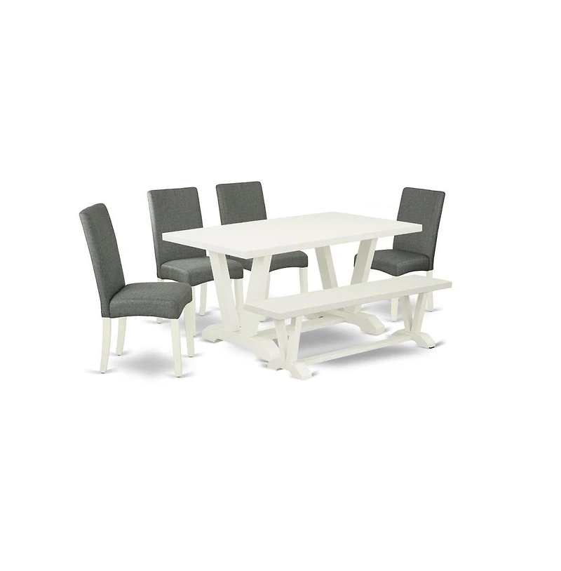 East West Furniture 6-Pc Kitchen Dinette Set-Gray Smoke Linen Fabric Seat and Stylish Chair Back Kitchen chairs, A Rectangular Bench and Rectangular T