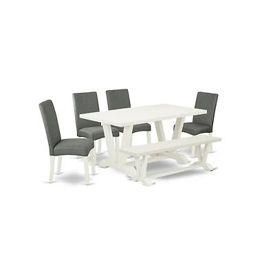 East West Furniture 6-Pc Kitchen Dinette Set-Gray Smoke Linen Fabric Seat and Stylish Chair Back Kitchen chairs, A Rectangular Bench and Rectangular T