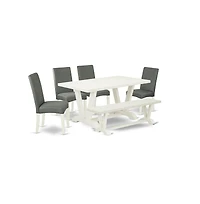 East West Furniture 6-Pc Kitchen Dinette Set-Gray Smoke Linen Fabric Seat and Stylish Chair Back Kitchen chairs, A Rectangular Bench and Rectangular T