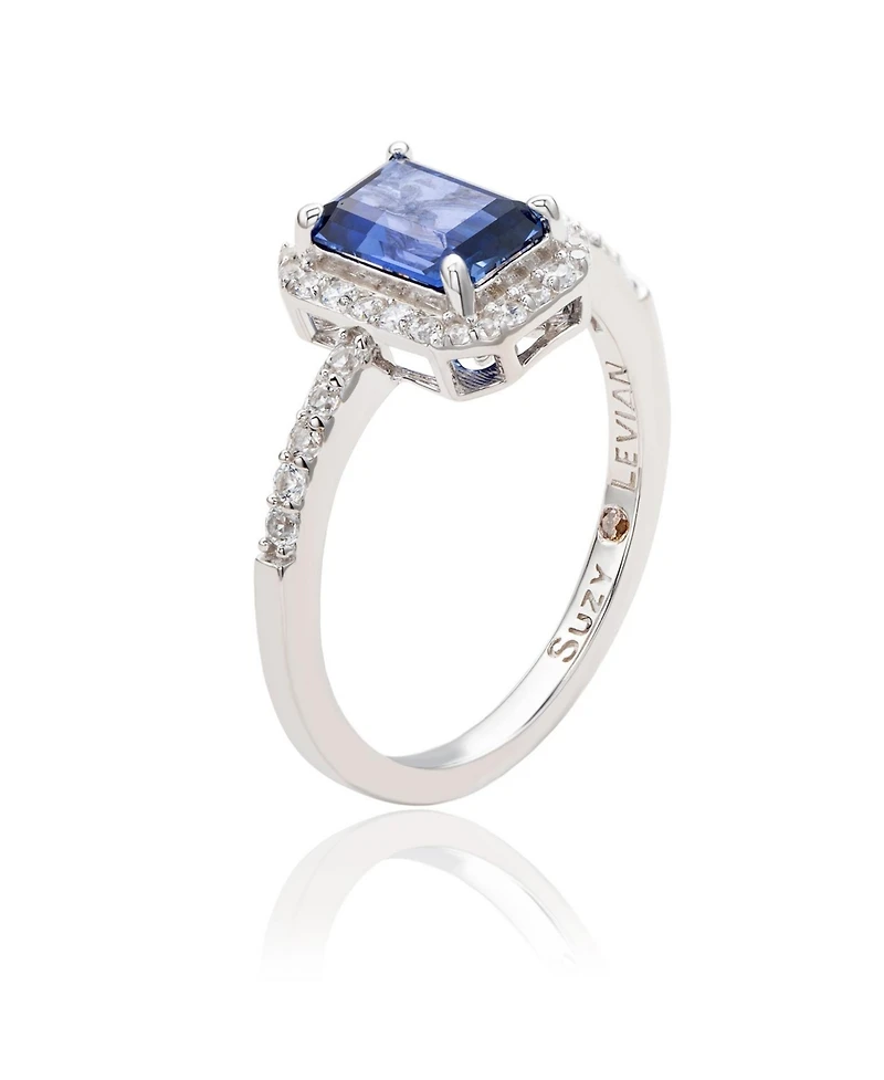Suzy Levian Sterling Silver Emerald Cut Sapphire & Created White Halo Ring