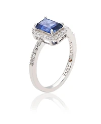 Suzy Levian Sterling Silver Emerald Cut Sapphire & Created White Halo Ring