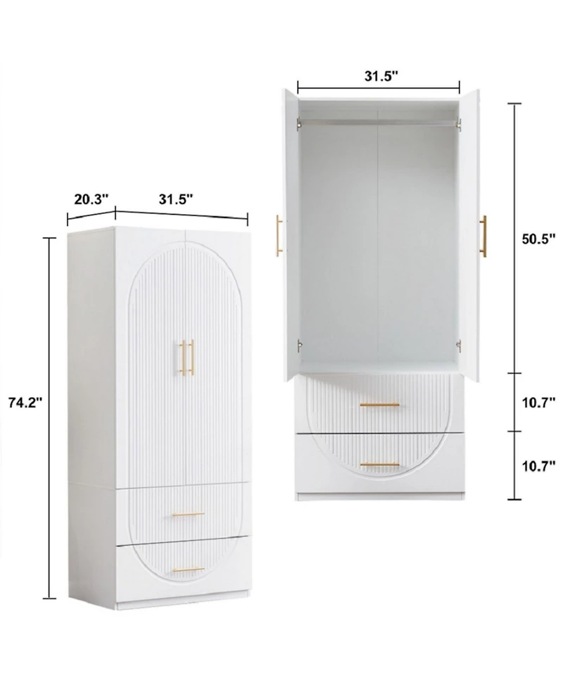 livelylodge White 2-Door Wardrobe Armoires with Hanging Rod,Wooden Closet 2-Drawer