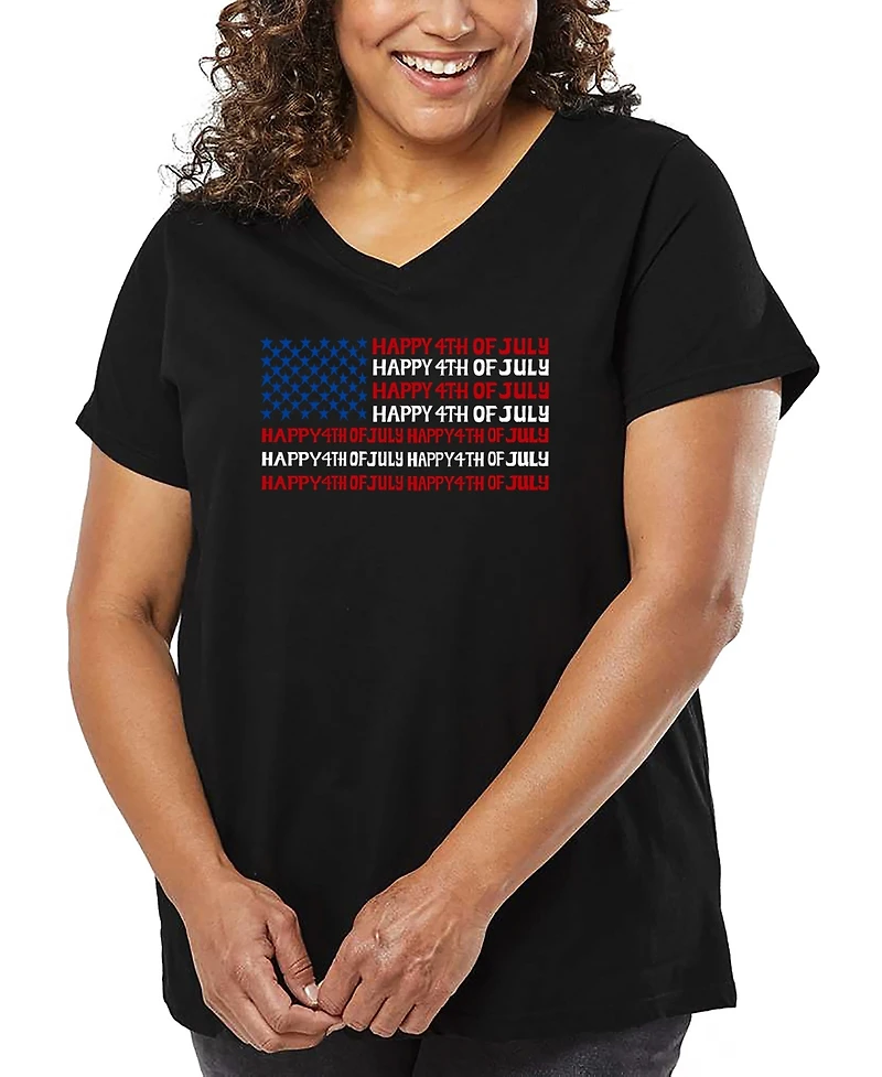 La Pop Art Plus Happy 4th of July Word V-Neck T-Shirt
