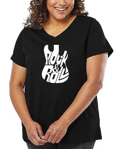 La Pop Art Plus Rock And Roll Guitar Word V-Neck T-Shirt