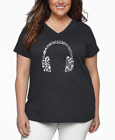 La Pop Art Plus Music Note Headphones Word V-Neck T-Shirt