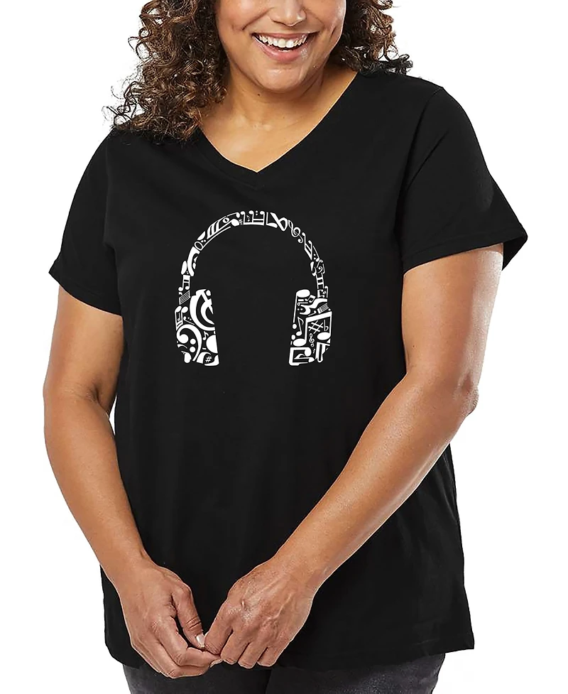La Pop Art Plus Music Note Headphones Word V-Neck T-Shirt
