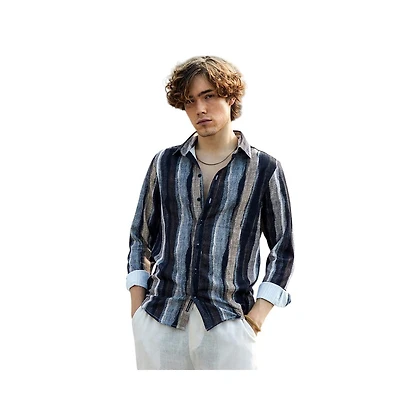 Campus Sutra Men's Prussian Blue & Ash Brown Brushed-Stripe Shirt