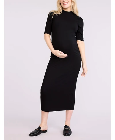 Motherhood Maternity Women's Mock Neck 3/4 Sleeve Ribbed Maxi Dress
