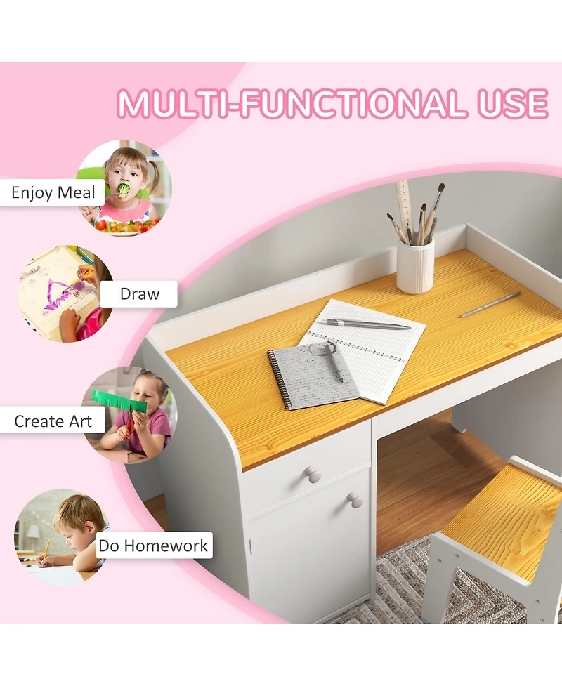 Qaba Kids Desk and Chair Set with Storage Drawer, Study Desk with Chair for Children for Arts & Crafts, Snack Time, Homeschooling, Homework, White