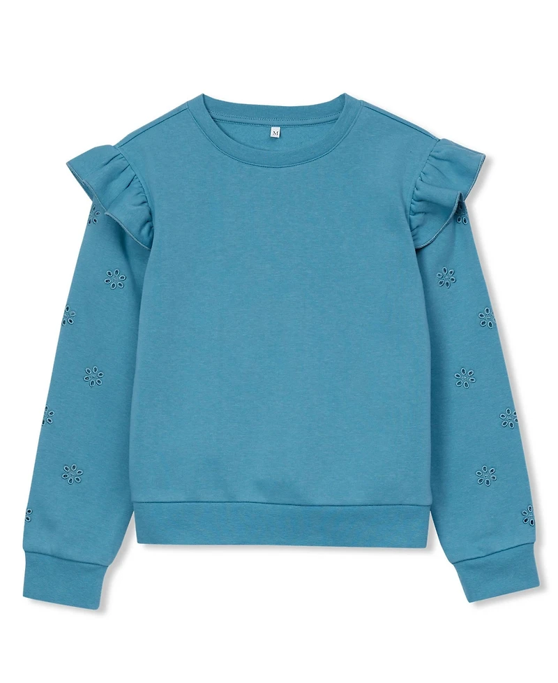 Lands' End Girls Long Sleeve Cozy Fleece Ruffle Eyelet Sweatshirt