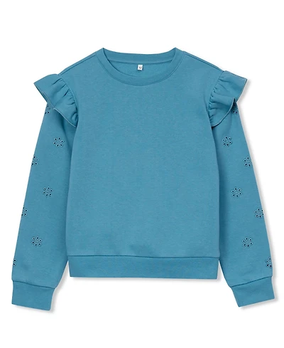 Lands' End Girls Long Sleeve Cozy Fleece Ruffle Eyelet Sweatshirt