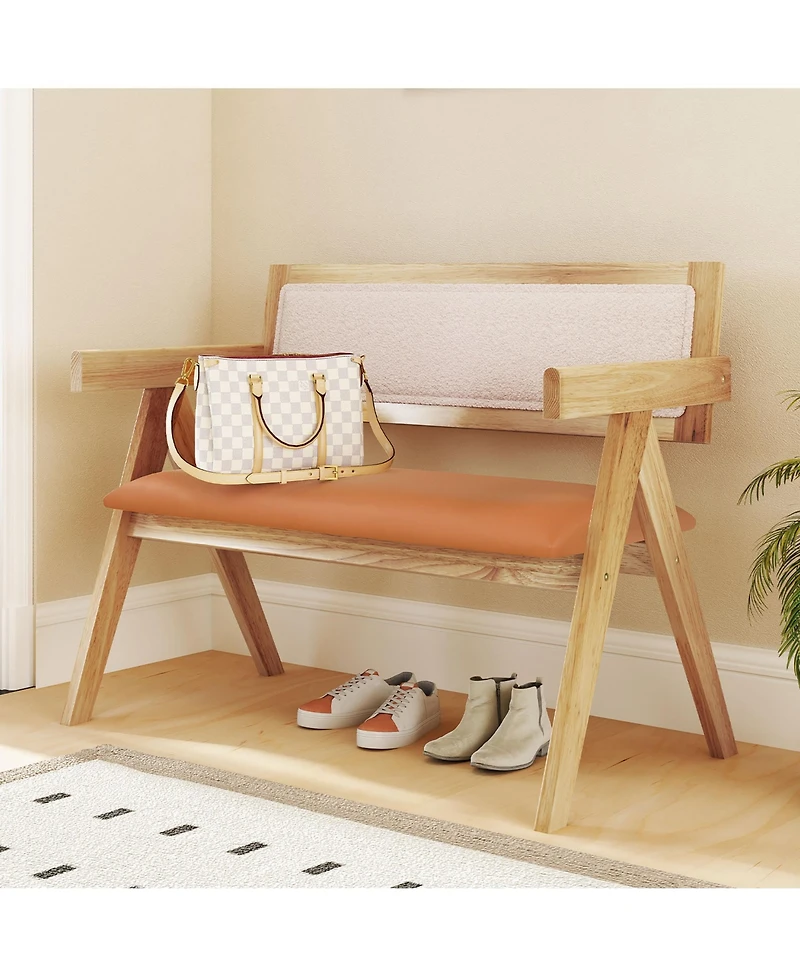 Gymax Rubber Wood Dining Bench w/Armrest Sherpa Upholstered Backrest Soft-padded Seat