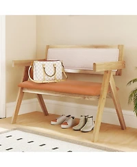 Gymax Rubber Wood Dining Bench w/Armrest Sherpa Upholstered Backrest Soft-padded Seat