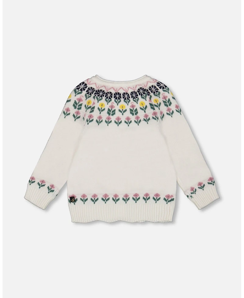 Deux par Girl Jacquard Knit Cardigan Off-White with Floral Pattern