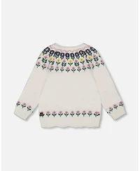 Deux par Girl Jacquard Knit Cardigan Off-White with Floral Pattern