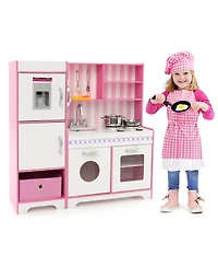 Kids Kitchen Playset Wooden Toy with Adjustable Led Lights and Washing Machine