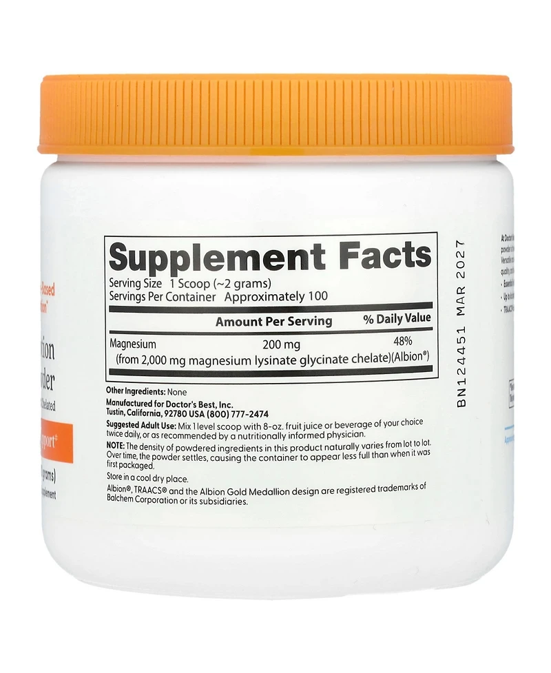 Doctor's Best High Absorption Magnesium Powder,White, 100% Chelated Traccs, Not Buffered,