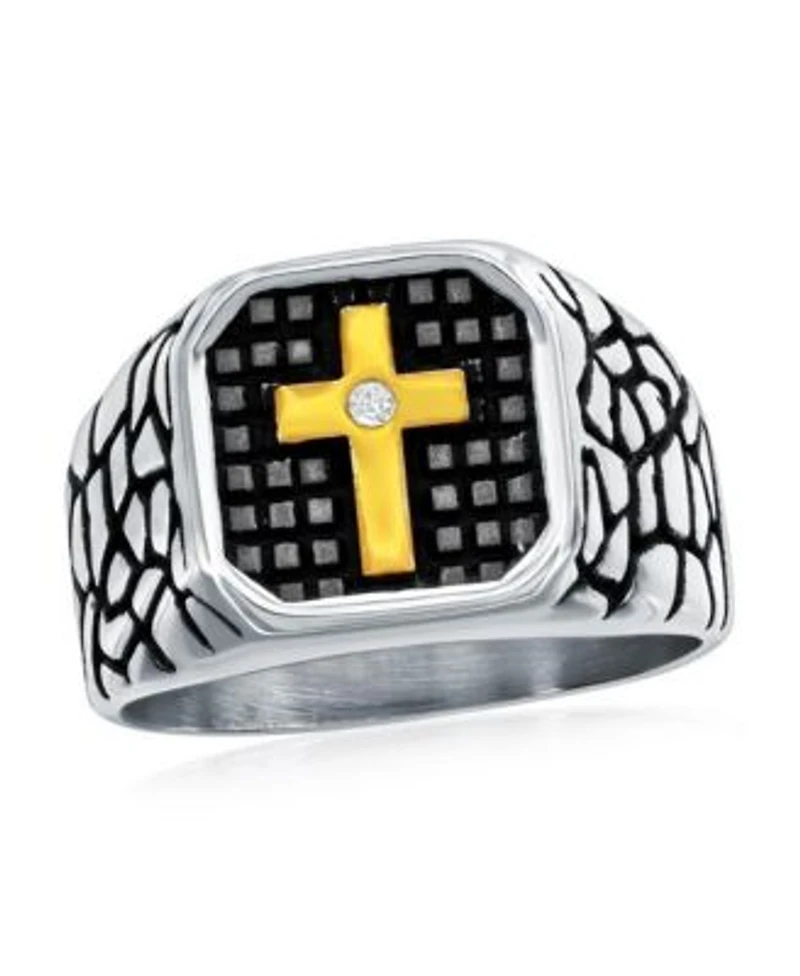 Stainless Steel Gold Cz Cross Pebbled Design Ring