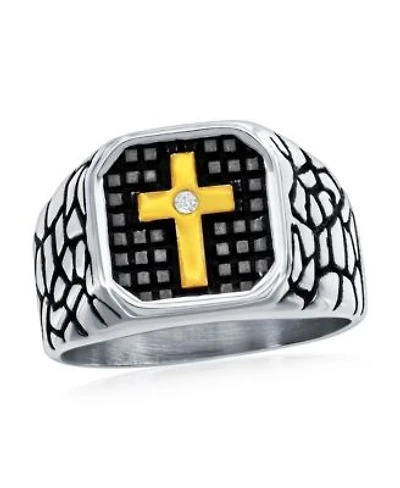 Stainless Steel Gold Cz Cross Pebbled Design Ring