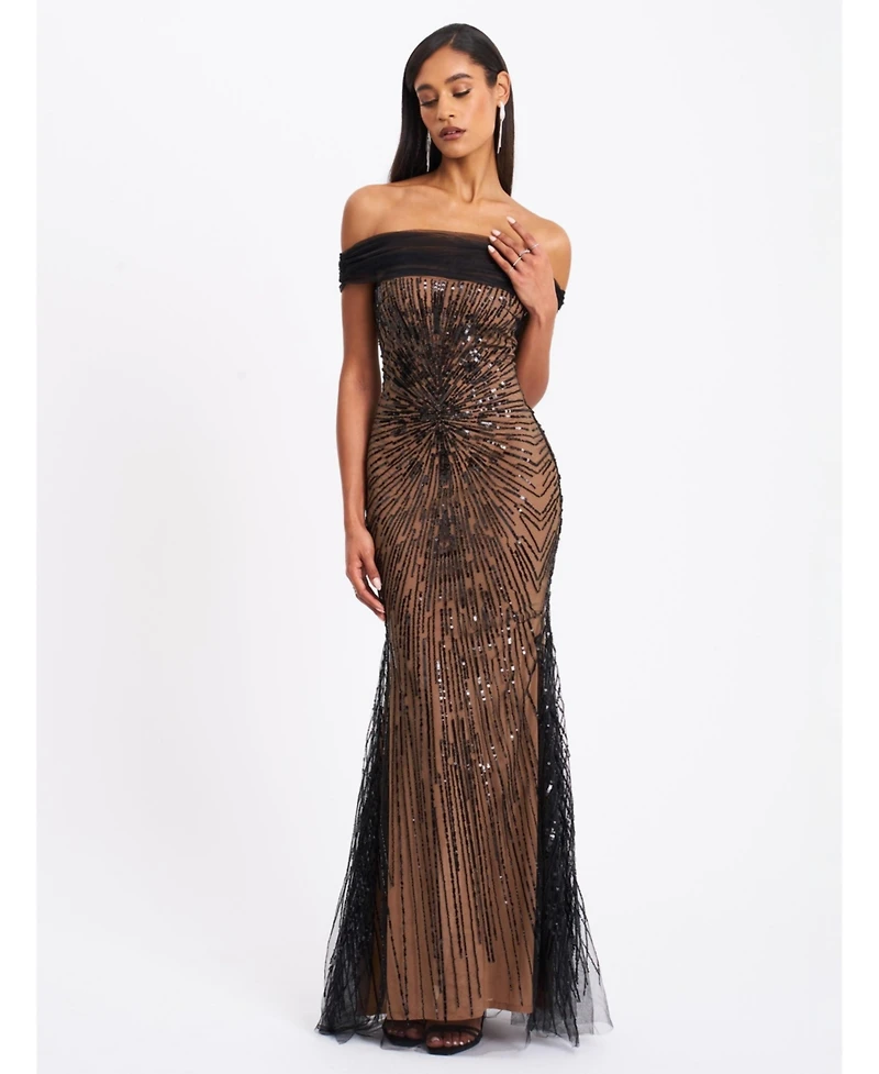 Miss Circle Women's Qeturah Embroidered Sequin Off Shoulder Mesh Gown