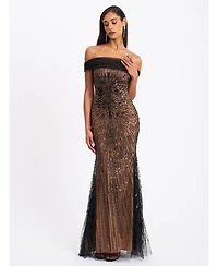 Miss Circle Women's Qeturah Embroidered Sequin Off Shoulder Mesh Gown