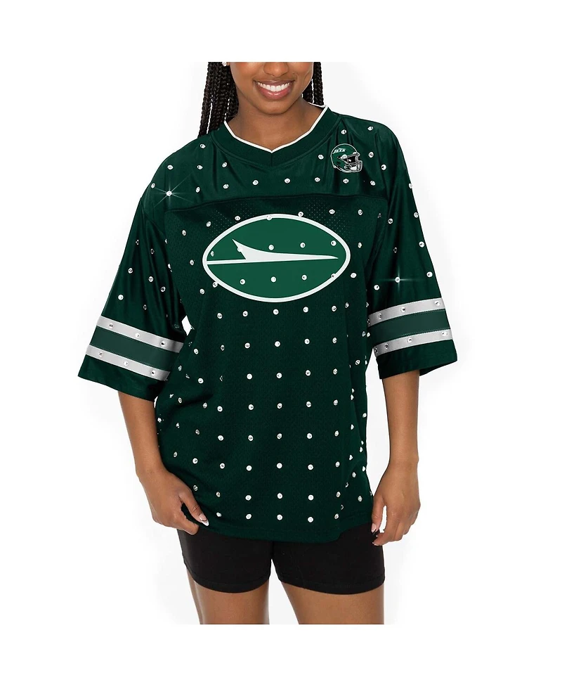 Gameday Couture Women's Green New York Jets Kickoff Time Allover Rhinestone Sports Stripe Jersey V-Neck T-Shirt