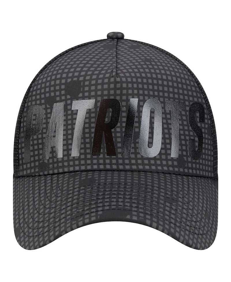 New Era Men's Black New England Patriots Midnight Ink Tonal Text A-Frame Trucker 9FORTY Adjustable Hat