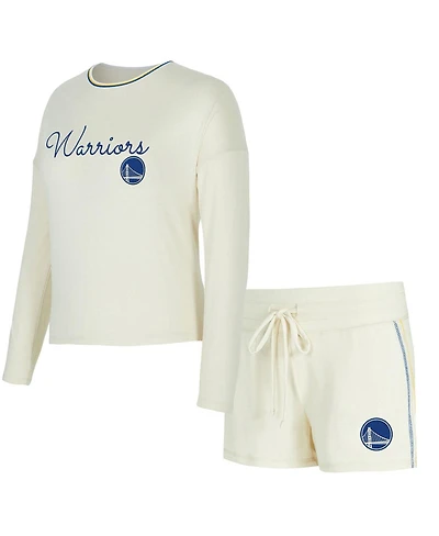 Concepts Sport Women's 2-Piece Cream Golden State Warriors Kaki Hacci Knit Long Sleeve Top and Shorts Set