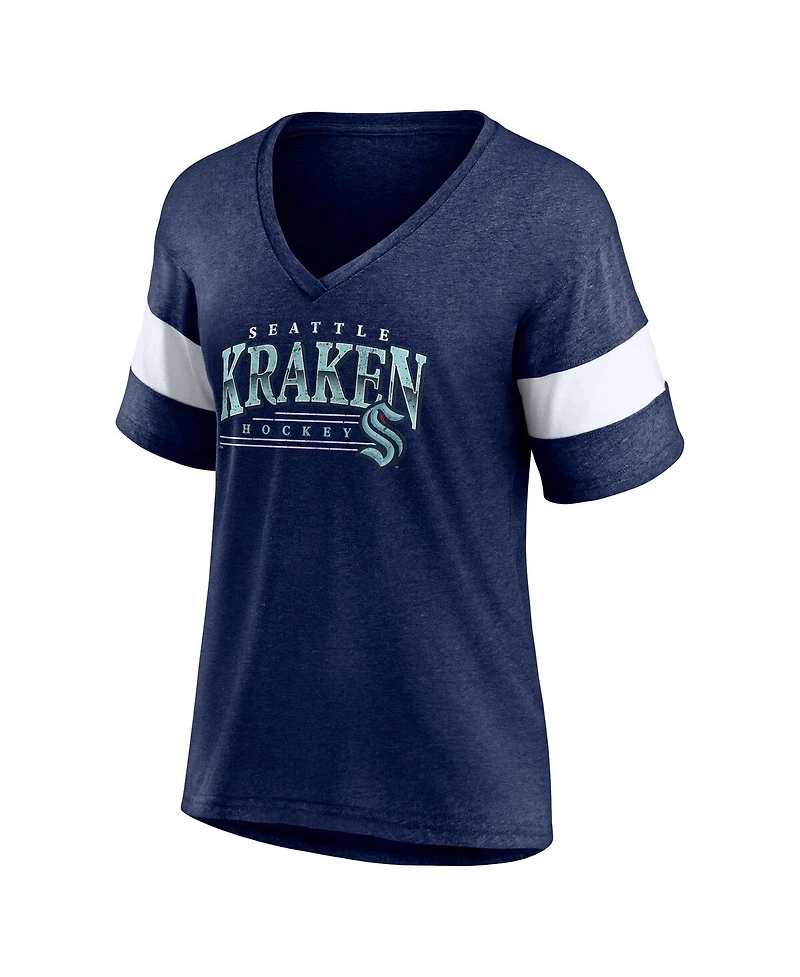 Fanatics Women's Heather Deep Sea Blue Seattle Kraken Clapper V-Neck Half-Sleeve T-Shirt