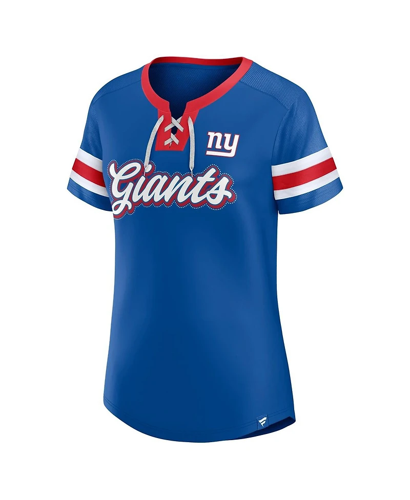 Fanatics Women's Royal New York Giants True Catch Iconic Rhinestone Bling Athena Lace-Up T-Shirt