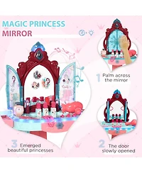 Qaba Kids Vanity Makeup Table Set with Chair and 31-Piece Collection, Mirror Princess Vanity Table with Self-Opening Magic Mirror, Music, Light, Imagi